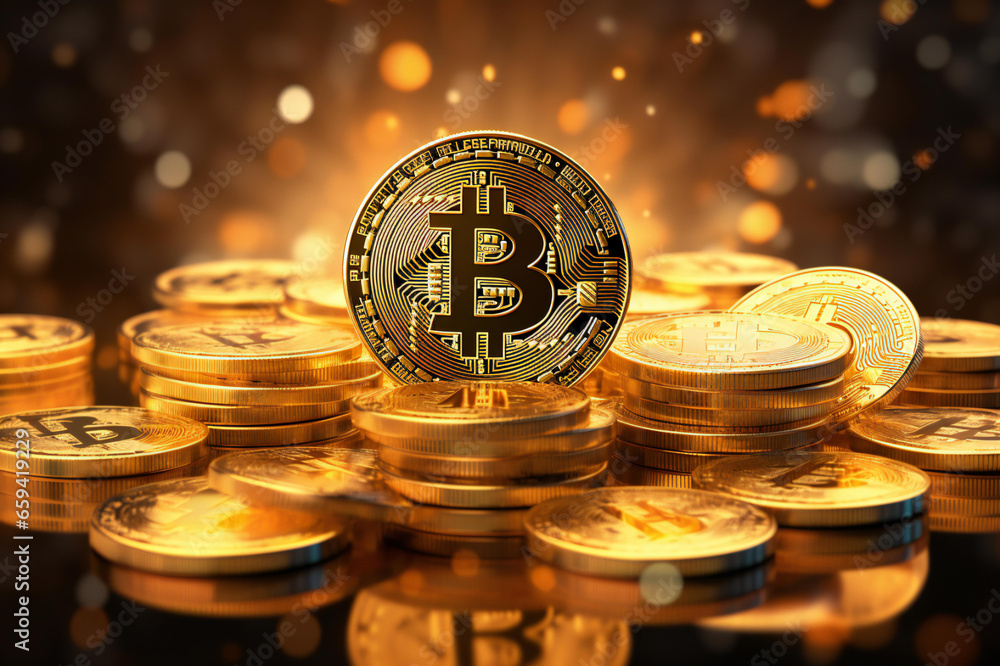 Close-up of golden bitcoin and gold coin stacked in the dark with a black background. Ai Generative Close-up of golden bitcoin and gold coin stacked in the dark with a black background. Ai Generative