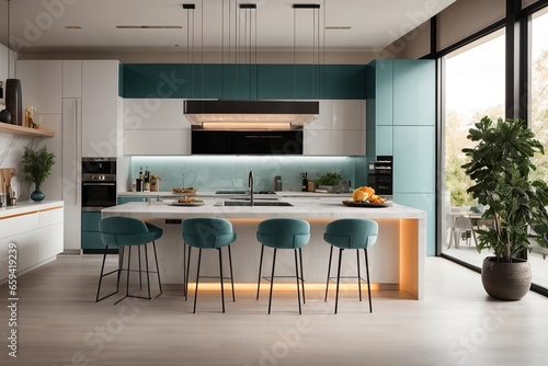 Photorealistic,modern and unique kitchen interior with sleek design
