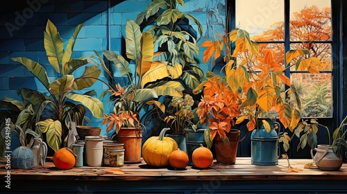  a painting of potted plants and pumpkins on a table.  generative ai