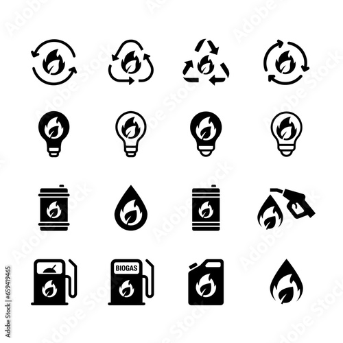 Set of simple icons of Biogas production stages, renewable energy and green environment. Black and white