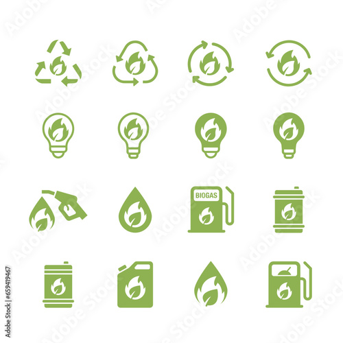 Set of simple icons of Biogas production stages, renewable energy and green environment.