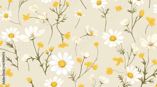 a floral pattern with yellow and white flowers on a beige background. generative ai