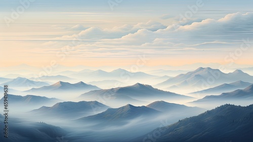  a painting of a mountain range in the distance with clouds in the sky.  generative ai © Olga