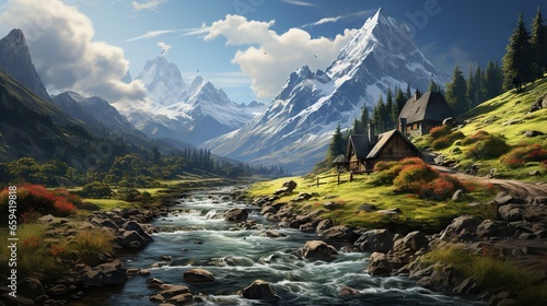  a painting of a mountain stream with a cabin in the background. generative ai