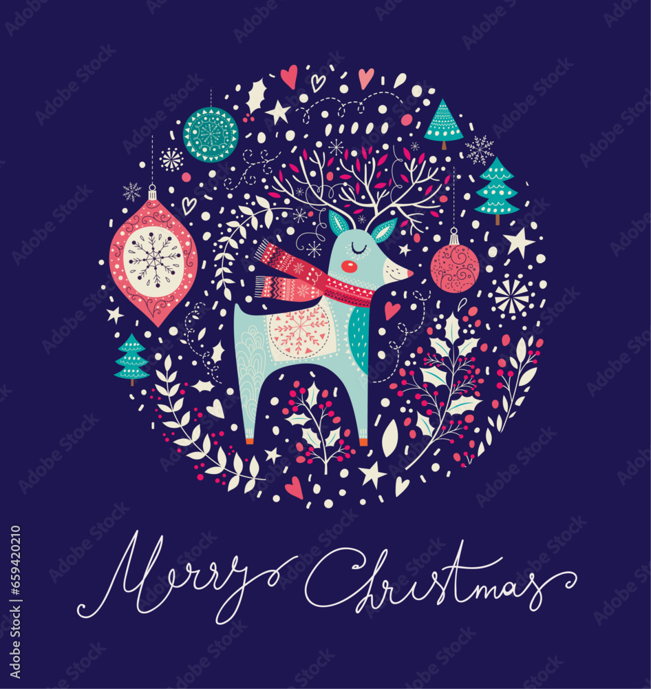 Vector Christmas illustration with beautiful Christmas deer, toys and snowflakes. Decorative Christmas and New Year banner. Greeting Merry Christmas card 