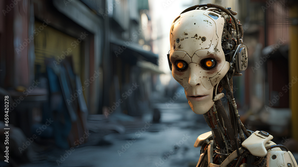 Male AI Robotic Face in Ghetto City Male AI Robotic Face in Ghetto City