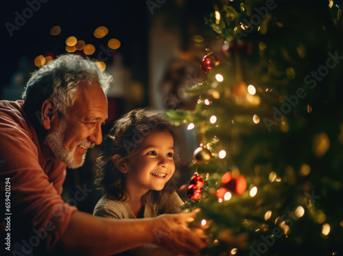 At Christmas, a grandfather and his granddaughter decorate the Christmas tree at home. Generative ai