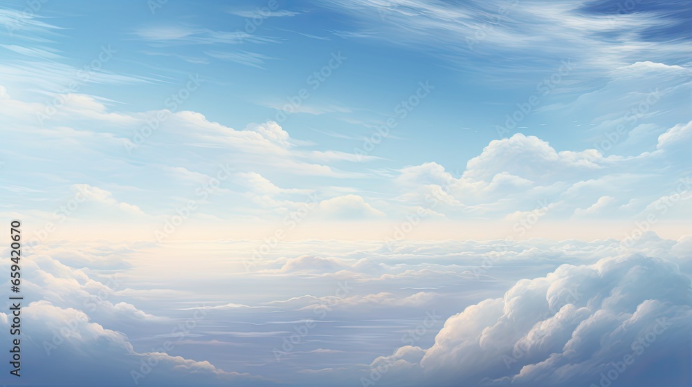  a painting of a blue sky with clouds and a plane.  generative ai