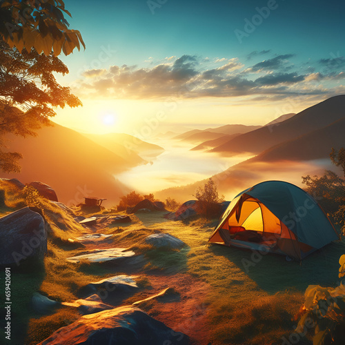 Outdoor Summer Sport Camping Tourist Trekking Active Life Tent Campsite View in the Forest, Yellow Golden Orange Sunrise Sunset Illuminating w/ Beautiful Early Morning Dramatic High Mountain Landscape