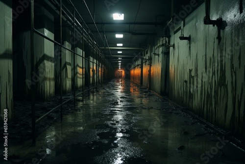 Desolate hallway inside a confinement facility. Generative AI photo