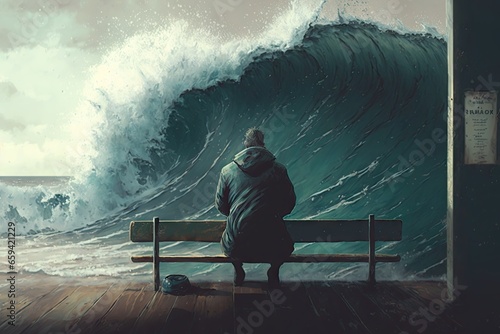 Surfer sitting on bench and looking at the big ocean wave