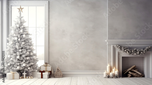 Wall mockup, Christmas tree with fireplace in minimal room.