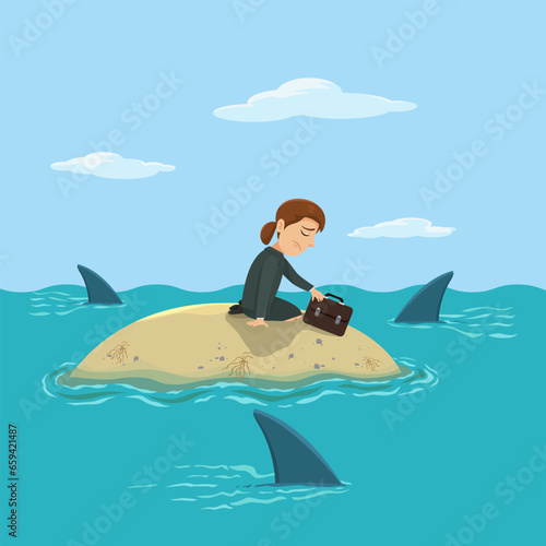 A businesswoman get stuck on island with water full and sharks , illustration, vector, cartoon, EPS 10.