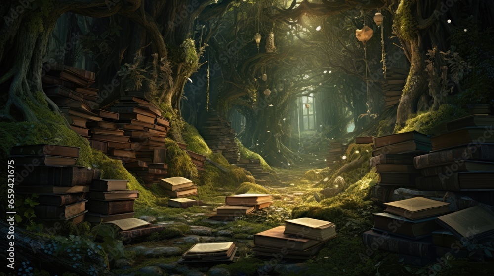 custom made wallpaper toronto digitalMagical forest library, overgrown and abandoned fantastical book scene, abstract art, digital illustration