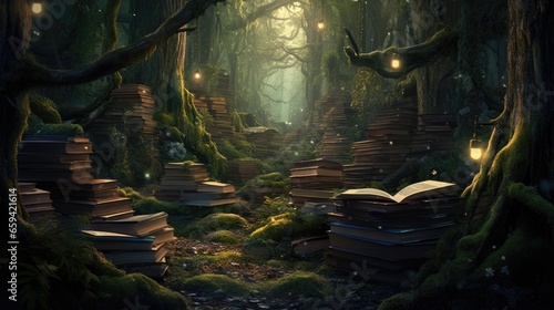 Wallpaper Mural Magical forest library, overgrown and abandoned fantastical book scene, abstract art, digital illustration Torontodigital.ca