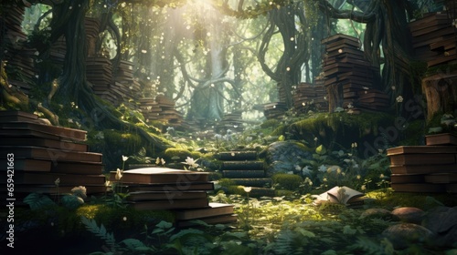 Wallpaper Mural Magical forest library, overgrown and abandoned fantastical book scene, abstract art, digital illustration Torontodigital.ca