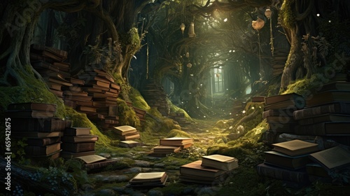 Wallpaper Mural Magical forest library, overgrown and abandoned fantastical book scene, abstract art, digital illustration Torontodigital.ca