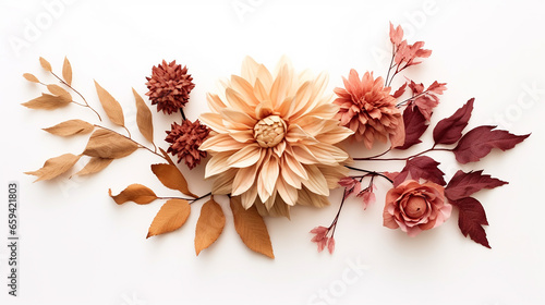 beautiful decoration with dried dahlia and leaves decoration and boho flower on white background photo