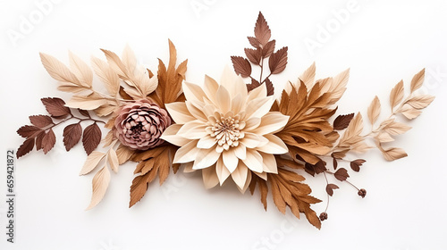 beautiful decoration with dried dahlia and leaves decoration and boho style on white background