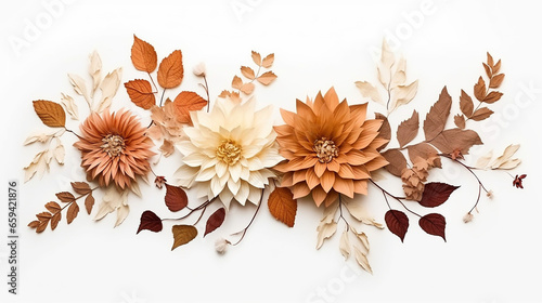 decoration with dried dahlia and leaves decoration and boho style on white background