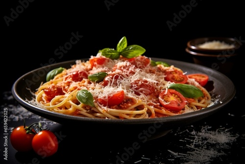 Tomato meat spaghetti with parmesan, basil on a black background. Generative AI