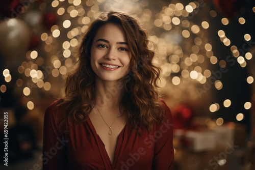 Portrait of happy smiling young woman on festive blurred shiny garland background. Holiday, birthday concept