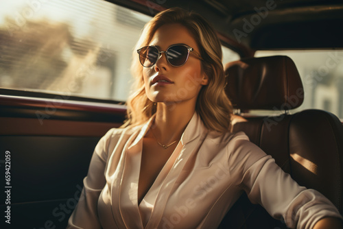 Elegant stylish successful young woman in sunglasses sitting on passenger seat of a car