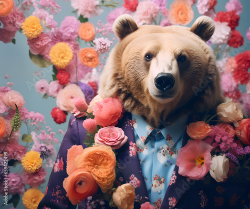 Creative animal concept. Brown bear in smart suit, surrounded in a surreal garden full of blossom flowers floral landscape. advertisement commercial editorial banner card © Sandra Chia