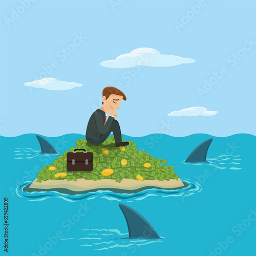 A businessman get stuck on tresure island with water full and sharks , illustration, vector, cartoon, EPS 10.  