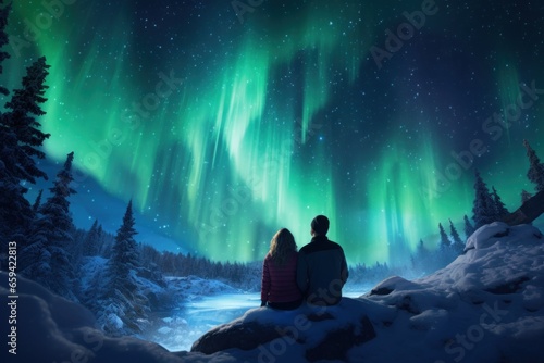 A couple watching aurora borealis northern lights in winter photo