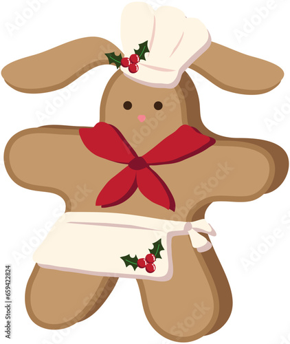 Christmas Gingerbread Bunny Chef homemade sweet sugar glaze cookie or winter food biscuit vector isolated. New year cookies. Traditional winter bakery. Isolated elements for design. 