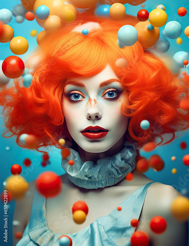 young woman dressed as a clown with an orange hairdo and balls