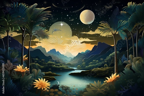 Nighttime view of a lush valley with lakes, surrounded by jungle. A peacock-shaped full moon shines among countless stars. Generative AI photo