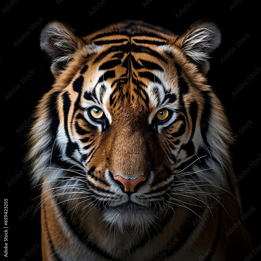 Obraz premium portrait of a tiger animal close up isolated for black background looking at camera