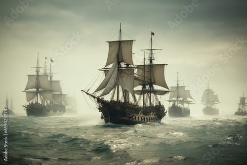 Intense naval battle of sail ships showcasing grandeur and historical sea conflicts. Generative AI