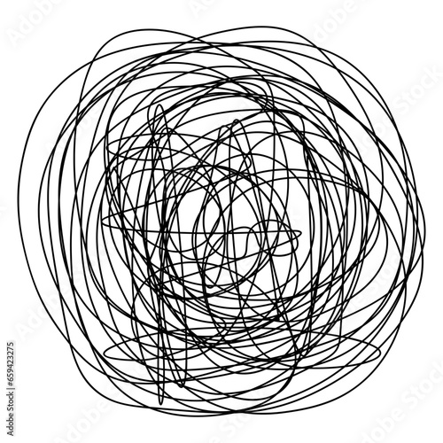 A ball of tangled rope. Round scribbled ball made of doodles. Sketch. Chaotic drawn lines. Black and white vector illustration. Hand drawn careless doodles. Outline on isolated background. 