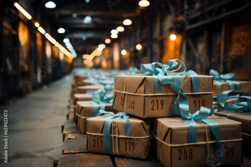 Boxes with blue ribbons in a warehouse. Ready for delivery. Successful business. Presents. Christmas. Package delivery. Delivery delays. Overwhelming demand.