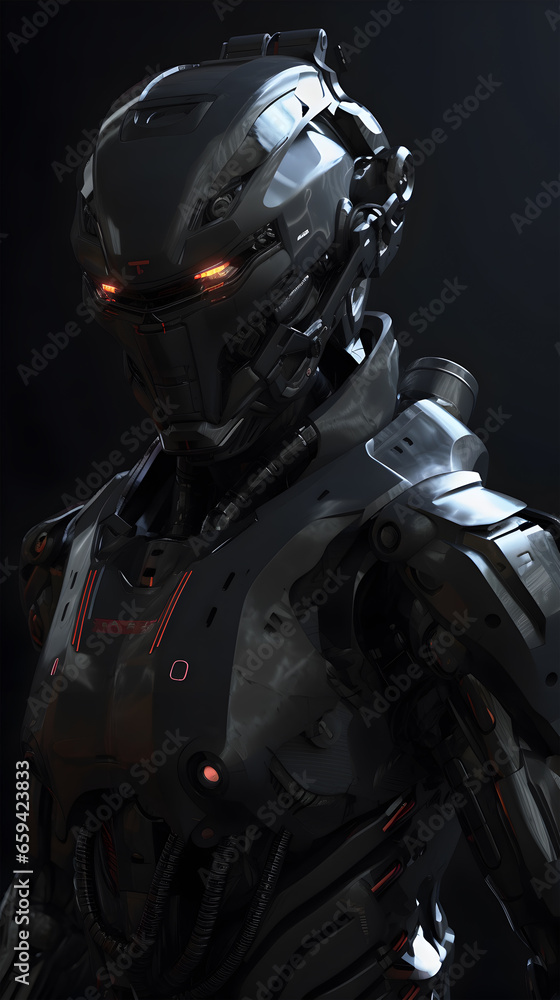 Futuristic cyborg soldier in black metal suit, Generative AI illustrations