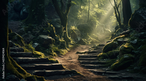 Road and stone stairs in magical and mysterious dark forest