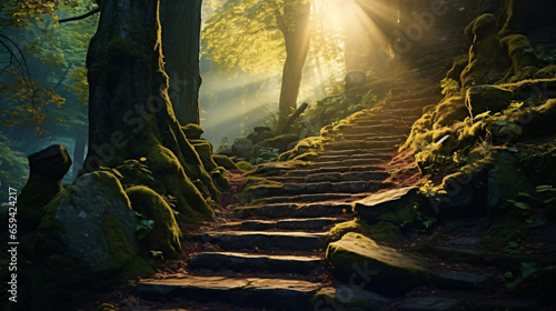 Road and stone stairs in magical and mysterious dark forest