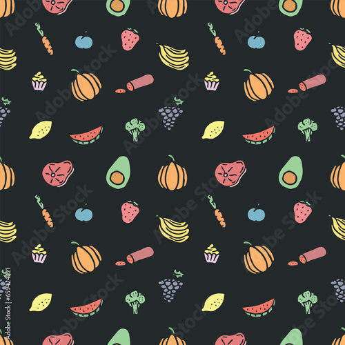 Seamless food pattern. Drawn doodle food background