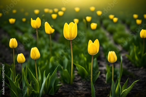 single Yellow tulips in the beautiful field in spring.