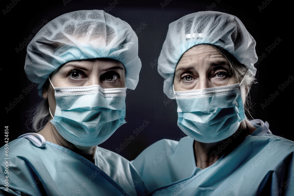 Portrait of two adult tired doctors, nurses in medical face masks, working a shift in clinic Portrait of two adult tired doctors, nurses in medical face masks, working a shift in clinic