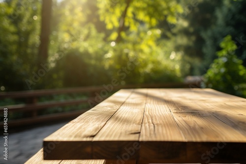 Wooden table in garden. Natural light. Product placement. Generative AI © Leandro