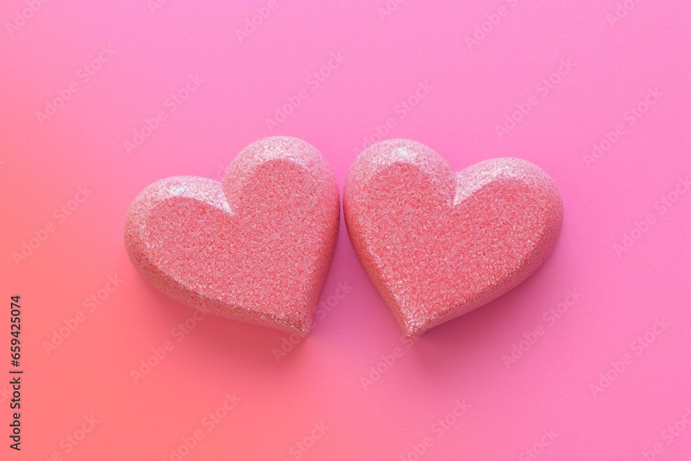 two heart shapes on a sparkly pink background, designed for Valentine's Day card. Generative AI