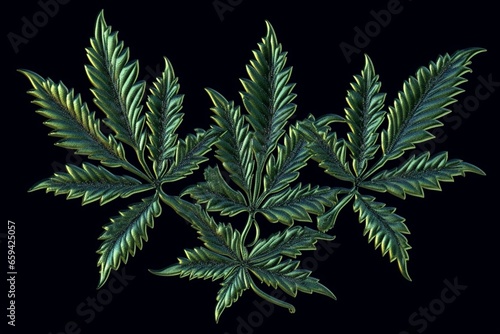 Green embroidered cannabis leaves on dark background. Generative AI