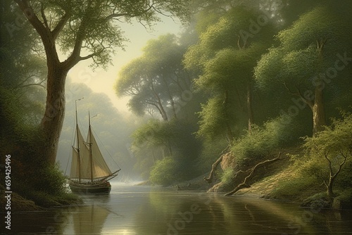 A river painting with sailboat amid forest. Generative AI