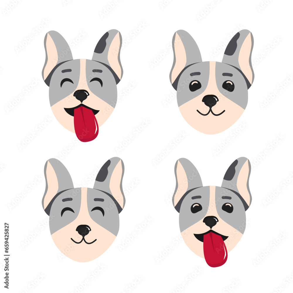 Set of kawaii simple grey dog cute faces. Joyful cartoon dog characters with tongue hanging out isolated on white background. Icons illustration of mascot, dog head Set of kawaii simple grey dog cute faces. Joyful cartoon dog characters with tongue hanging out isolated on white background. Icons illustration of mascot, dog head