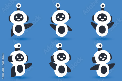 set of cute illustrations of artificial intelligence robot characters in different poses waving, greeting and saying hello. vector illustration