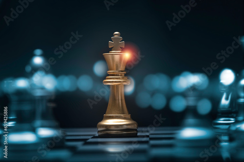 Golden king chess encounters with silver chess enemy on chess board and black background. Market or business competitor concept.